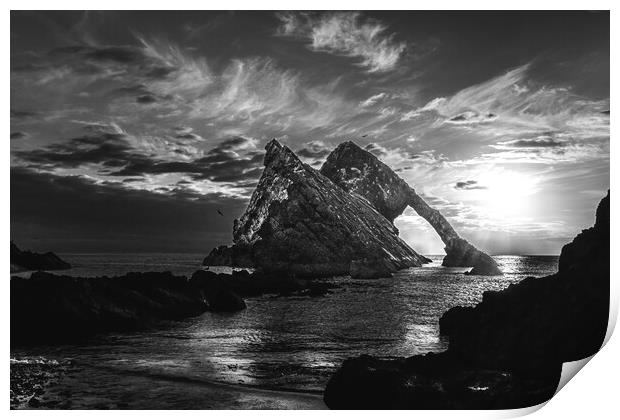 Sunrise at Bow Fiddle Rock in Black and White  Print by DAVID FRANCIS