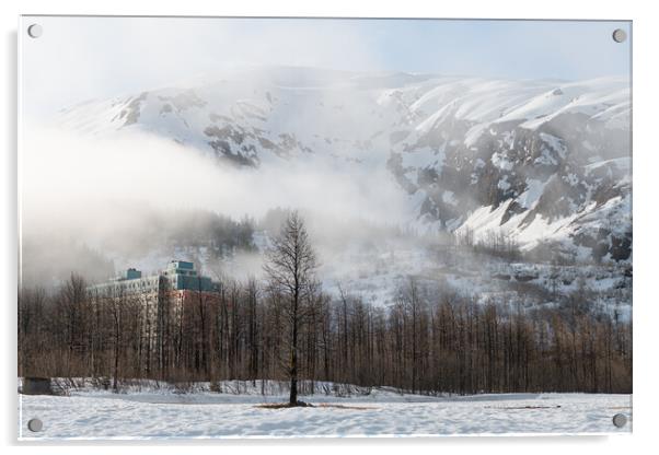 Mist and Fog swirls around Begich Towers Condominium building and the mountains behind, Whittier, Alaska, USA Acrylic by Dave Collins