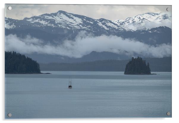 Commercial fishing boat  in Frederick Sound near Petersburg with clouds around the mountains beyond, Alaska, USA Acrylic by Dave Collins