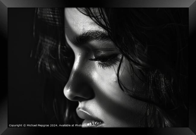 A stunning female portrait in black and white with deep shadows. Framed Print by Michael Piepgras