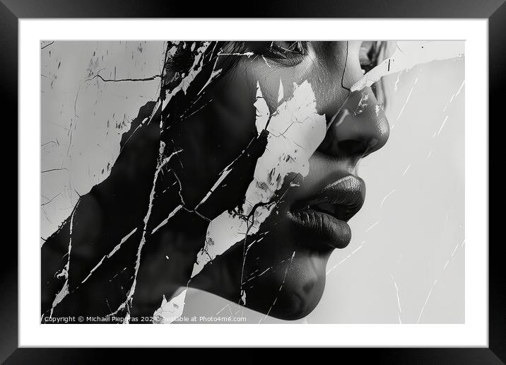 A stunning female portrait in black and white with deep shadows. Framed Mounted Print by Michael Piepgras