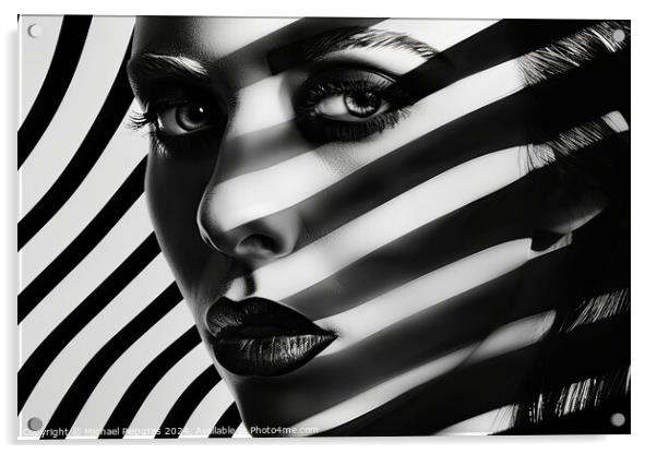 A stunning female portrait in black and white with deep shadows. Acrylic by Michael Piepgras