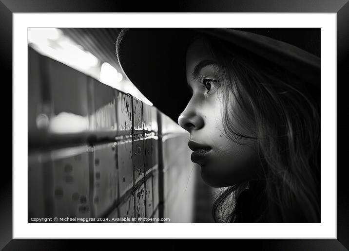 A stunning female portrait in black and white with deep shadows. Framed Mounted Print by Michael Piepgras