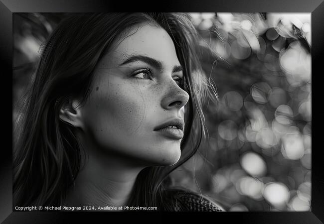 A stunning female portrait in black and white with deep shadows. Framed Print by Michael Piepgras