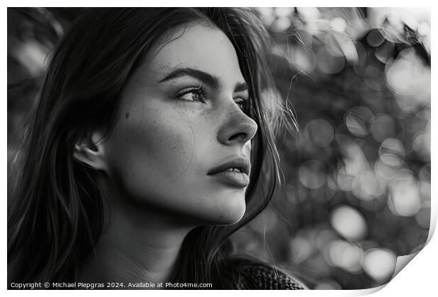 A stunning female portrait in black and white with deep shadows. Print by Michael Piepgras