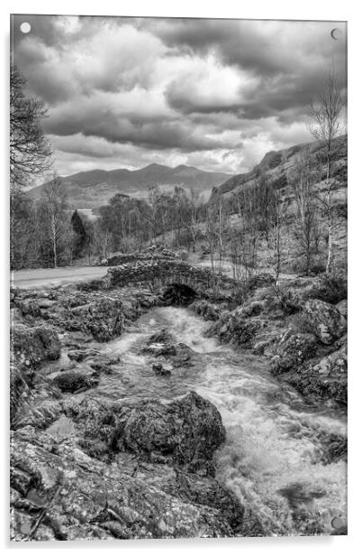 Ashness Bridge in Black and White Acrylic by Roger Green