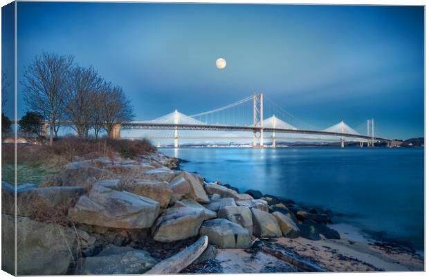 Forth Bridges By Moonlight Canvas Print by Alison Chambers