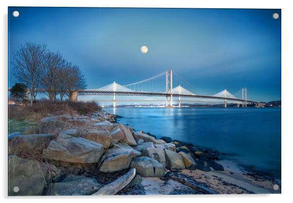 Forth Bridges By Moonlight Acrylic by Alison Chambers