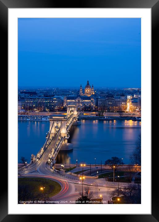 Traffic Light Trails Over The Szechenyl ( 'Chain' ) Bridge In Budapest Framed Mounted Print by Peter Greenway