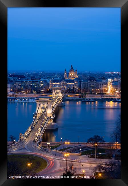 Traffic Light Trails Over The Szechenyl ( 'Chain' ) Bridge In Budapest Framed Print by Peter Greenway