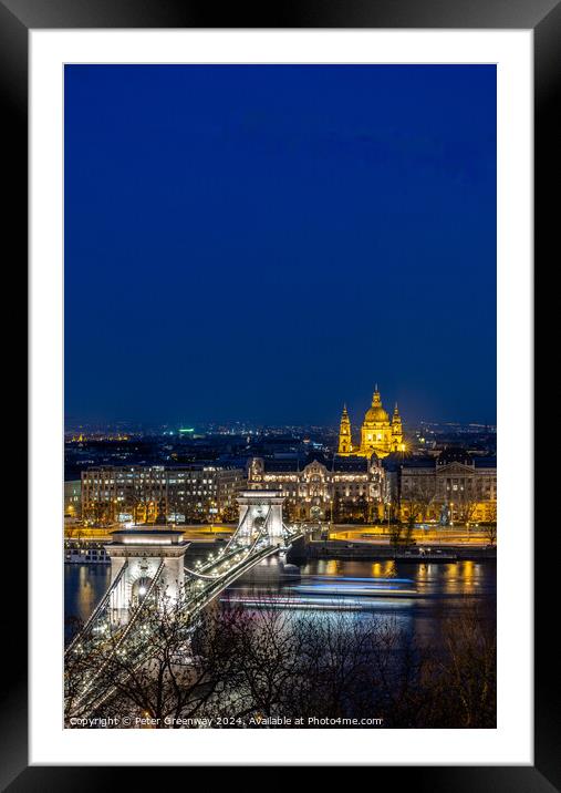 Traffic Light Trails Over The Szechenyl ( 'Chain' ) Bridge In Bu Framed Mounted Print by Peter Greenway