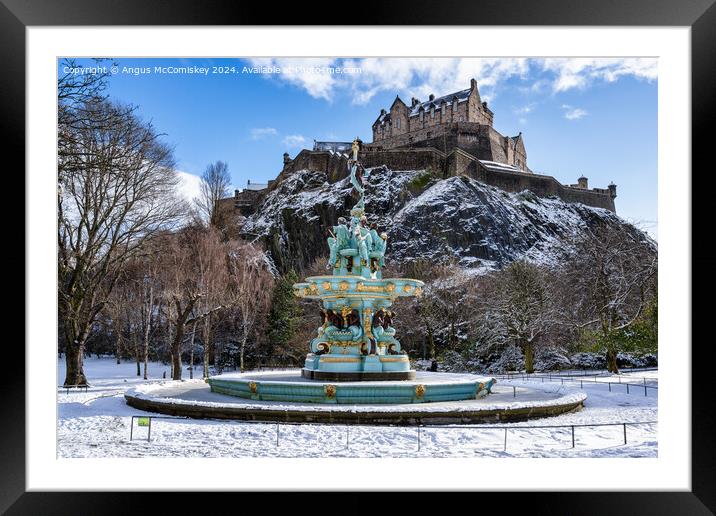 Frozen Ross Fountain and Edinburgh Castle in snow Framed Mounted Print by Angus McComiskey