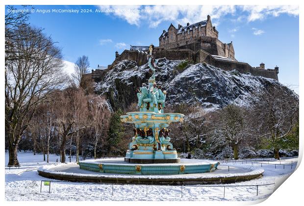 Frozen Ross Fountain and Edinburgh Castle in snow Print by Angus McComiskey