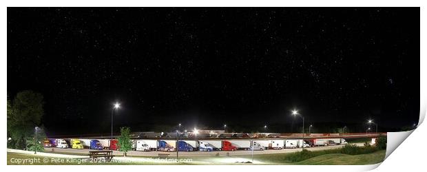 Night Rest, clear night sky, with stars, over transporters lined up, parked Print by Pete Klinger
