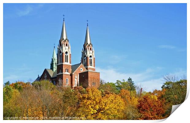 Church high on a hill three towers Print by Pete Klinger