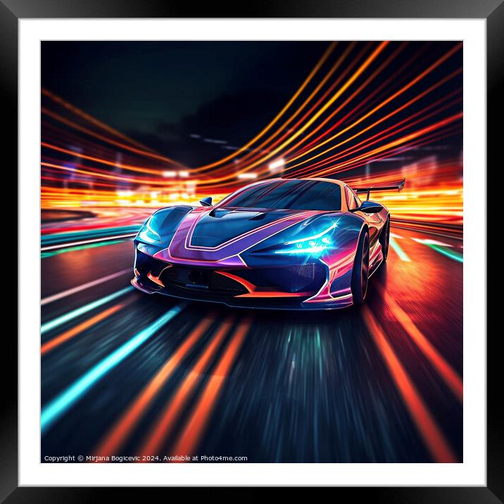 Speeding sport car on neon highway, created with generative AI Framed Mounted Print by Mirjana Bogicevic