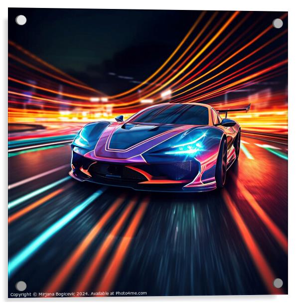 Speeding sport car on neon highway, created with generative AI Acrylic by Mirjana Bogicevic
