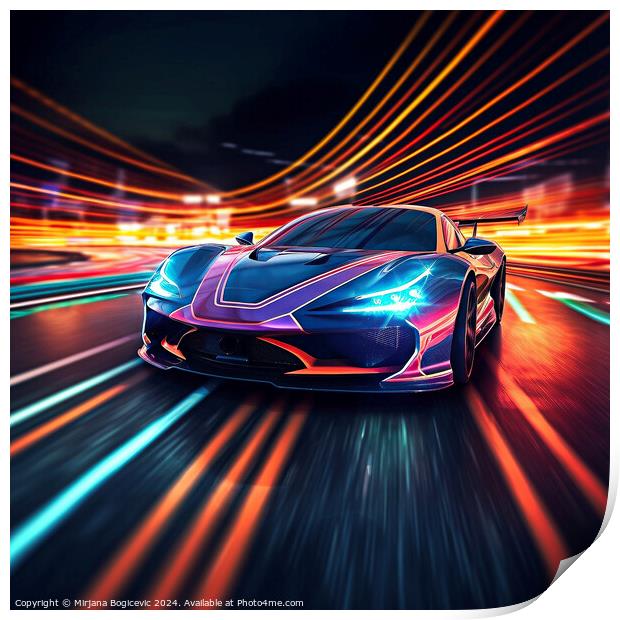 Speeding sport car on neon highway, created with generative AI Print by Mirjana Bogicevic