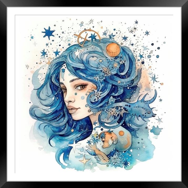 Aquarius zodiac sign watercolor paint, created with generative A Framed Mounted Print by Mirjana Bogicevic