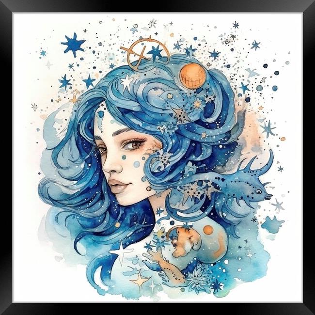 Aquarius zodiac sign watercolor paint, created with generative A Framed Print by Mirjana Bogicevic