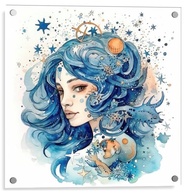 Aquarius zodiac sign watercolor paint, created with generative A Acrylic by Mirjana Bogicevic
