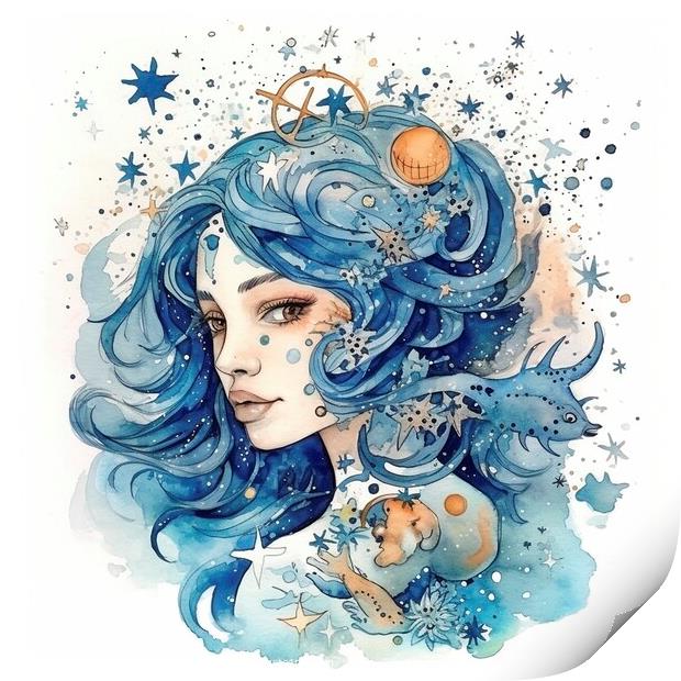 Aquarius zodiac sign watercolor paint, created with generative A Print by Mirjana Bogicevic