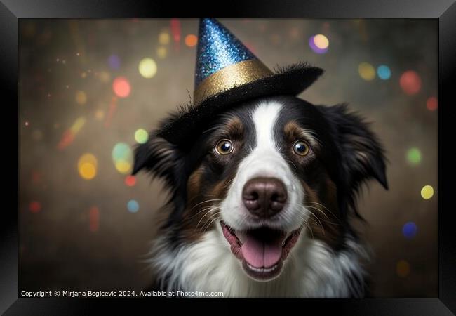 Cute dog with celebration hat, created with generative AI Framed Print by Mirjana Bogicevic
