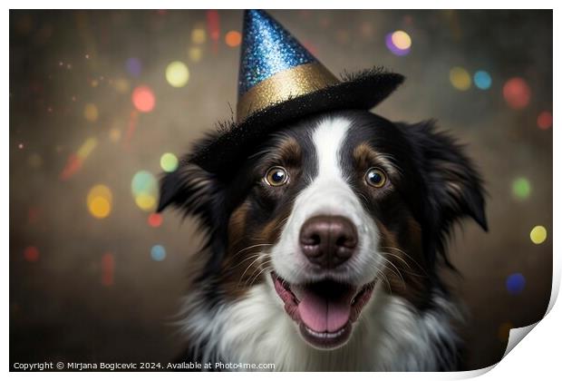 Cute dog with celebration hat, created with generative AI Print by Mirjana Bogicevic