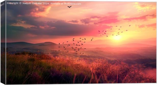 A flock of birds soaring through the sky over a vibrant green hillside during sunset. Canvas Print by Joaquin Corbalan