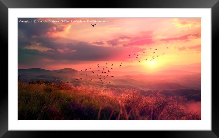 A flock of birds soaring through the sky over a vibrant green hillside during sunset. Framed Mounted Print by Joaquin Corbalan