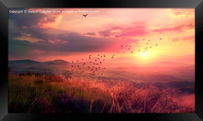 A flock of birds soaring through the sky over a vibrant green hillside during sunset. Framed Print by Joaquin Corbalan