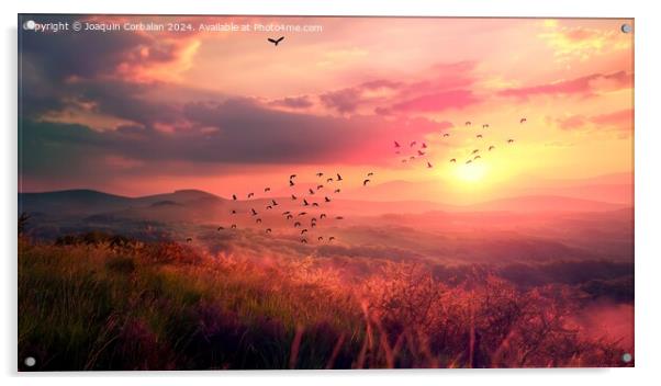 A flock of birds soaring through the sky over a vibrant green hillside during sunset. Acrylic by Joaquin Corbalan