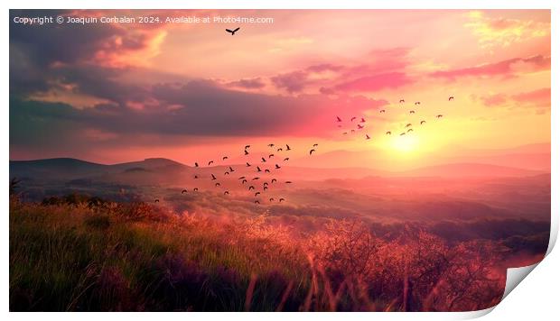 A flock of birds soaring through the sky over a vibrant green hillside during sunset. Print by Joaquin Corbalan