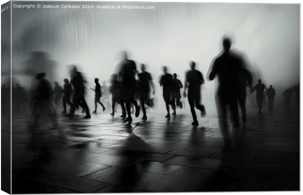 A group of individuals walking together down a city street during rainfall. Canvas Print by Joaquin Corbalan
