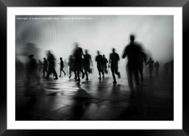 A group of individuals walking together down a city street during rainfall. Framed Mounted Print by Joaquin Corbalan