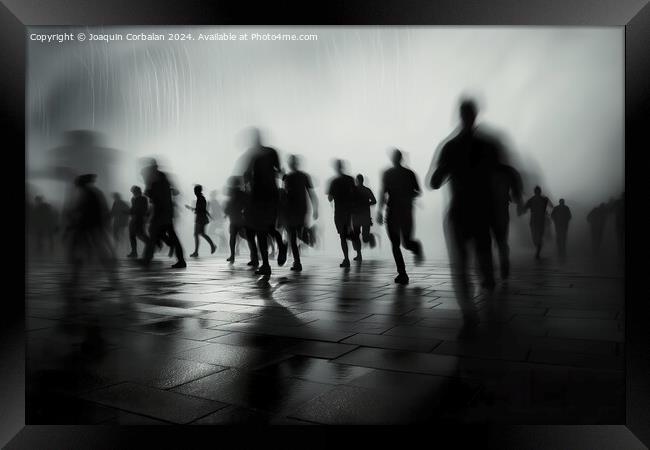 A group of individuals walking together down a city street during rainfall. Framed Print by Joaquin Corbalan