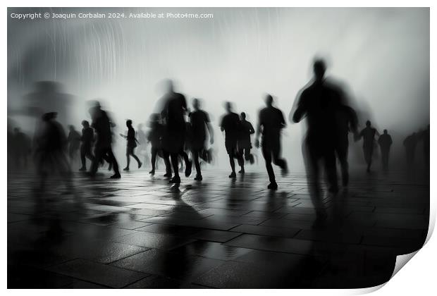 A group of individuals walking together down a city street during rainfall. Print by Joaquin Corbalan