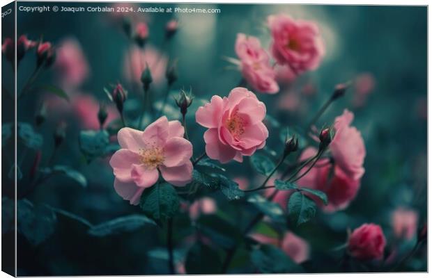 Close-up of a bunch of pink flowers with vibrant green leaves, showcasing the beauty of Rosy Carpet wild roses. Canvas Print by Joaquin Corbalan