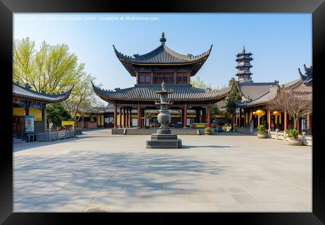 Courtyard featuring a fountain at the center under soft sun in Changan City. Framed Print by Joaquin Corbalan