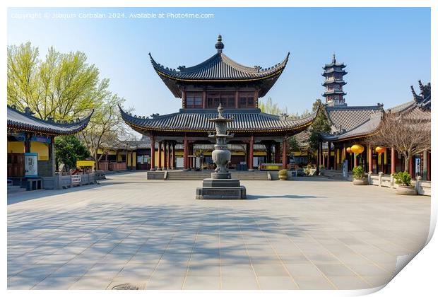 Courtyard featuring a fountain at the center under soft sun in Changan City. Print by Joaquin Corbalan