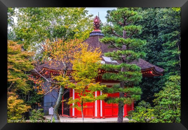Colorful Red Aizendo Fall Leaves Tofuku-Ji Buddhist Temple Kyoto Framed Print by William Perry