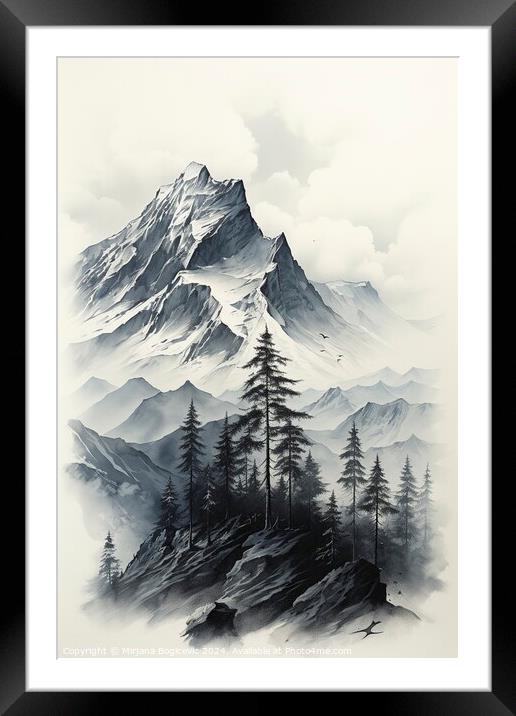 Drawing of winter mountain, created with generative AI Framed Mounted Print by Mirjana Bogicevic