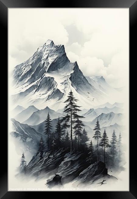Drawing of winter mountain, created with generative AI Framed Print by Mirjana Bogicevic