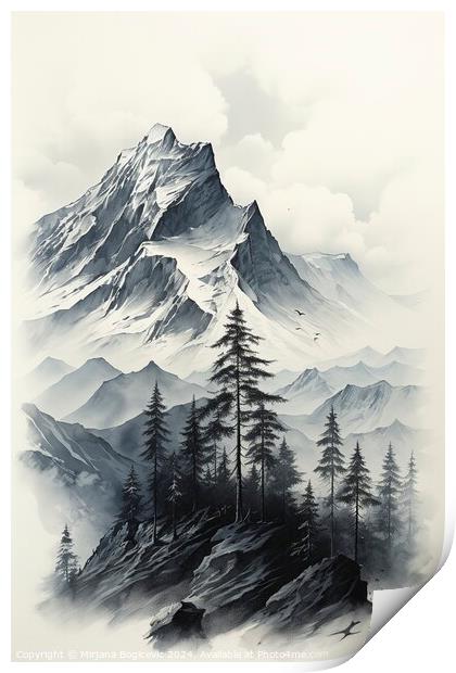 Drawing of winter mountain, created with generative AI Print by Mirjana Bogicevic
