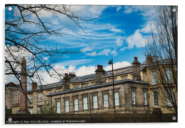 Classic European architecture with ornate details under a vibrant blue sky with fluffy clouds, framed by bare tree branches on the left in York, North Yorkshire, England. Acrylic by Man And Life