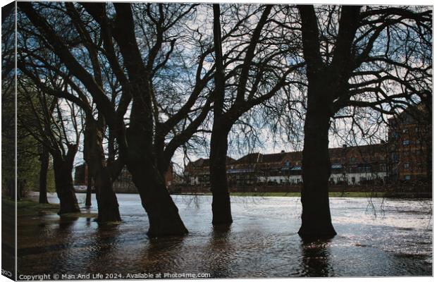 Silhouetted trees line a flooded urban street with historical buildings in the background, under a cloudy sky, conveying a moody and dramatic atmosphere in York, North Yorkshire, England. Canvas Print by Man And Life