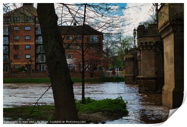 Urban riverside scene with swollen river waters, lush greenery, and a backdrop of modern residential buildings, showcasing the contrast between nature and urban development in York, North Yorkshire, England. Print by Man And Life