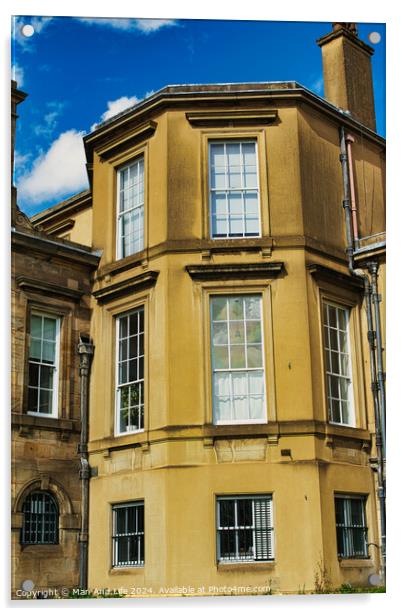 Classic European architecture with a clear blue sky. The building features a warm beige facade, large windows, and traditional stonework details in York, North Yorkshire, England. Acrylic by Man And Life