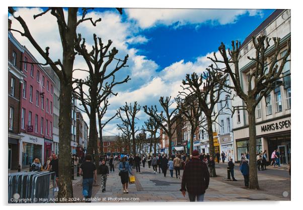 Vibrant city street bustling with pedestrians, lined with leafless pruned trees against a dynamic blue sky with fluffy clouds, showcasing urban life and seasonal change in York, North Yorkshire, England. Acrylic by Man And Life
