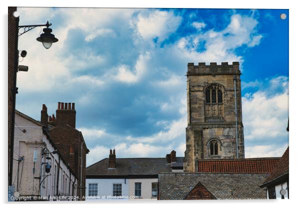 Quaint European street with historic buildings and a prominent church tower under a dramatic sky with fluffy clouds in York, North Yorkshire, England. Acrylic by Man And Life